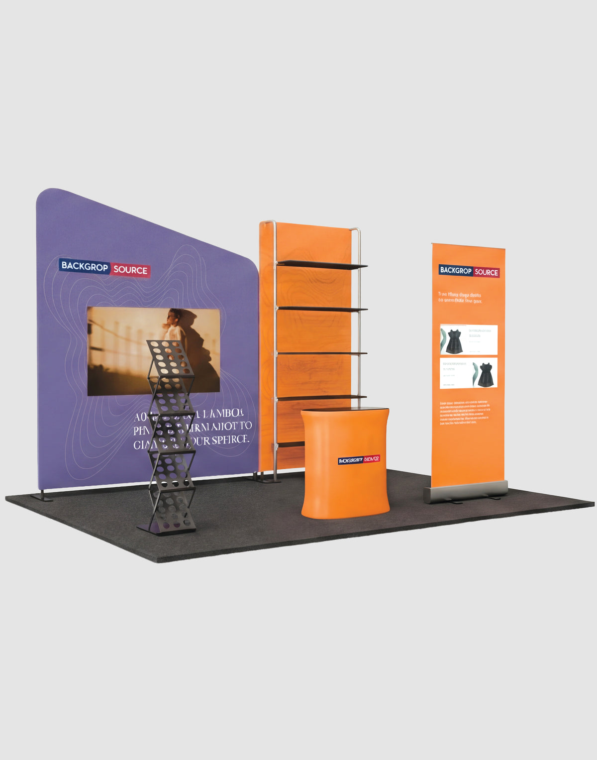 3x3m Booth Kit with Inclined Wall, Pegboard Shelving & Roll-Up