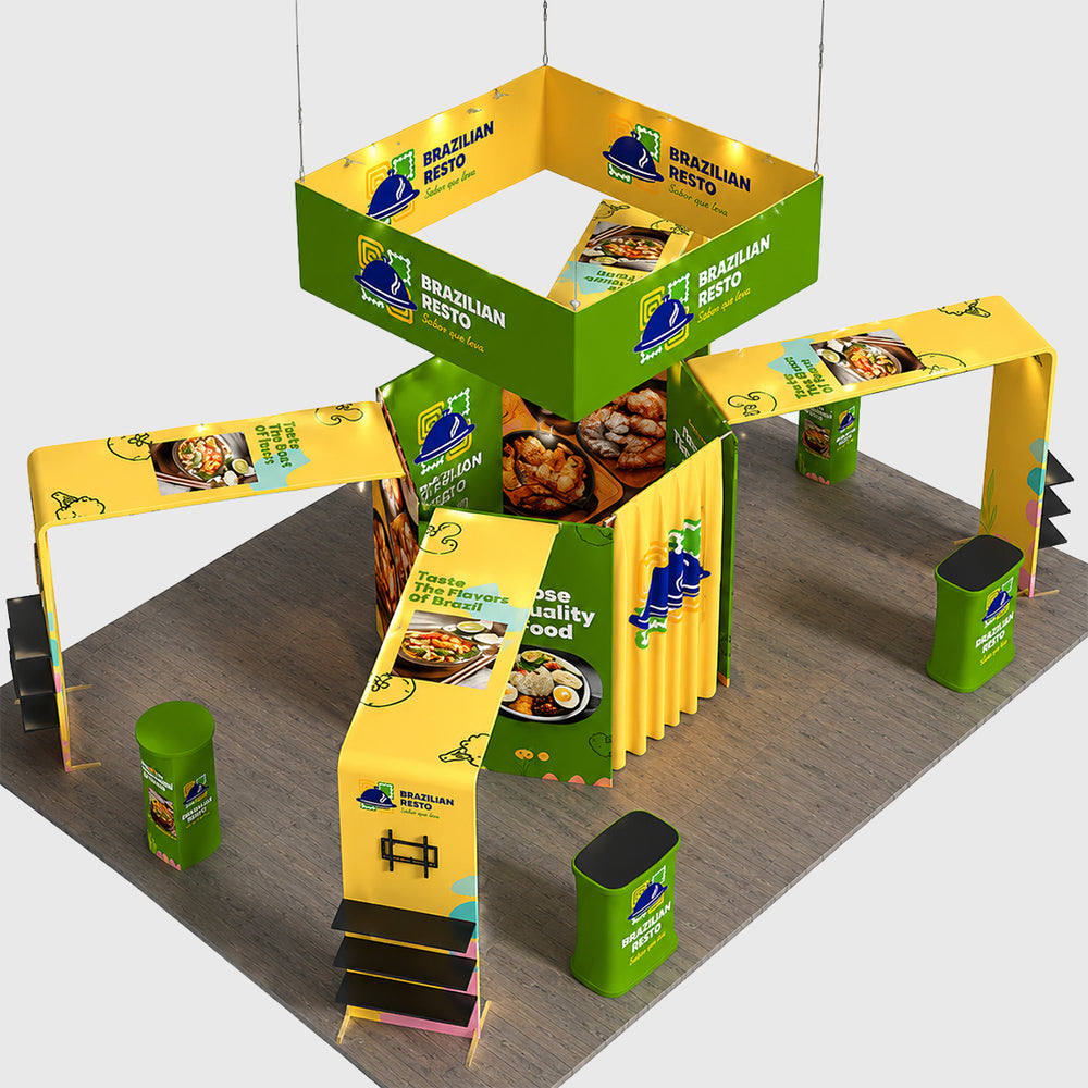 9x6m Island Booth Kit with Hexagon Lounge Shelving & 4 Counters