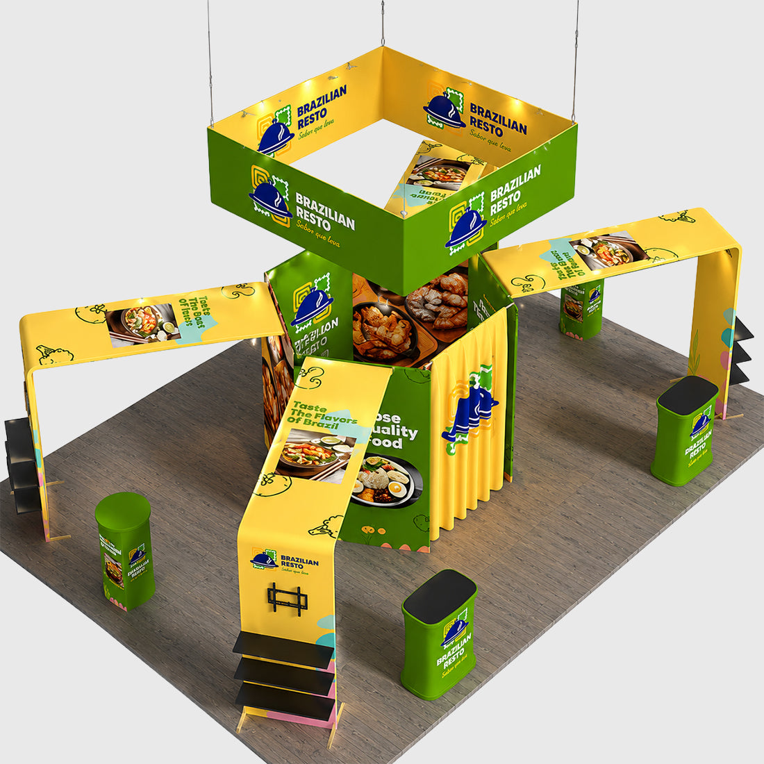 9x6m Island Booth Kit with Hexagon Lounge Shelving & 4 Counters