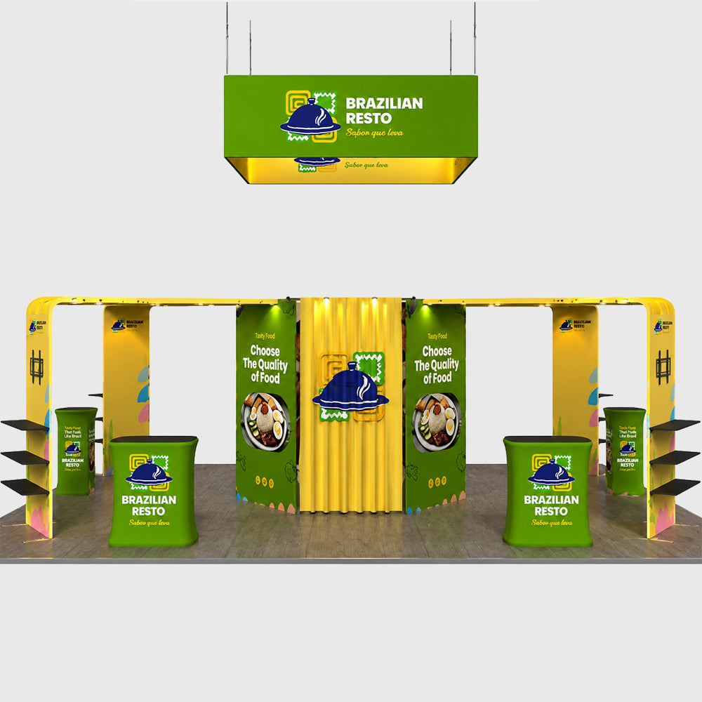9x6m Island Booth Kit with Hexagon Lounge Shelving & 4 Counters