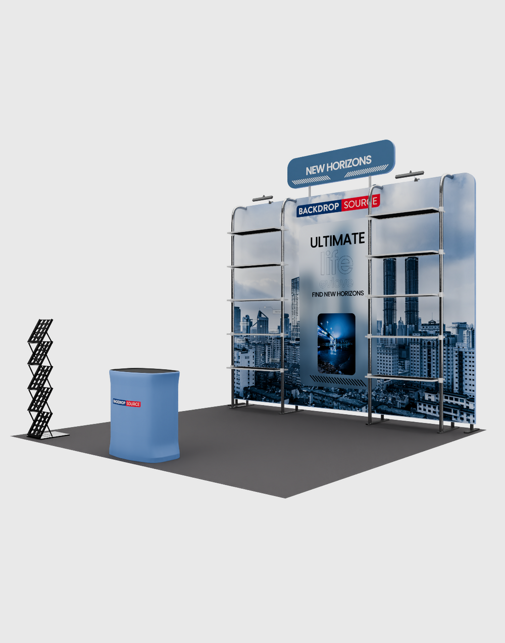 3x3m Booth Kit with Pegboard Shelving, Header & Counter