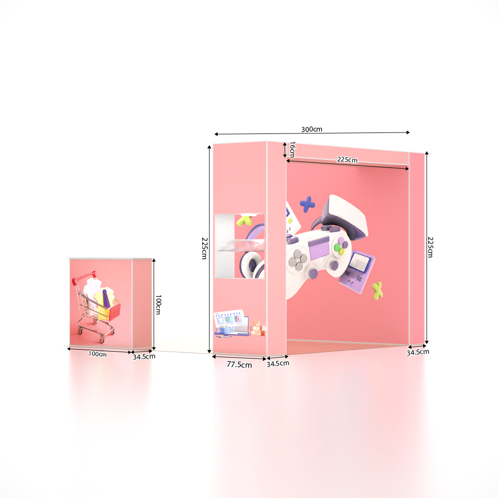 3x3m SEG Popup Booth with L-Arch Wall, LED Showcase & Counter