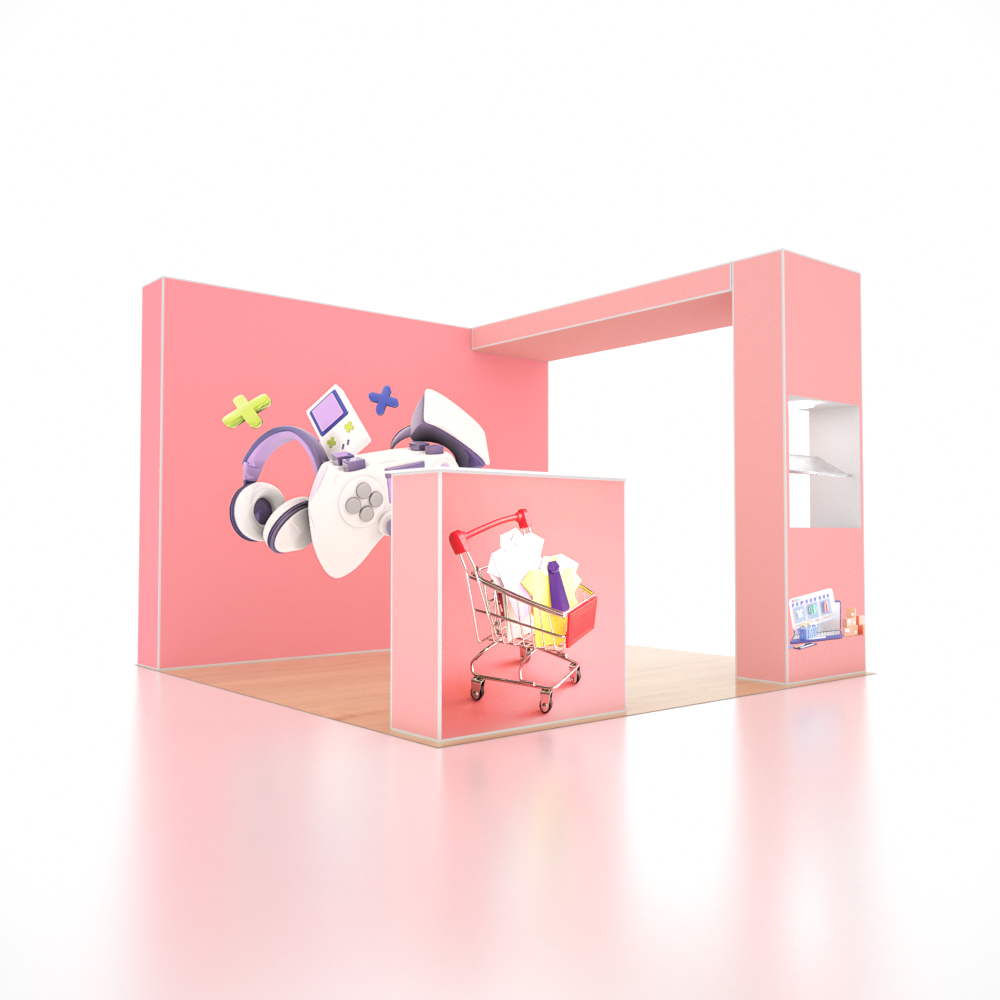 3x3m SEG Popup Booth with L-Arch Wall, LED Showcase & Counter