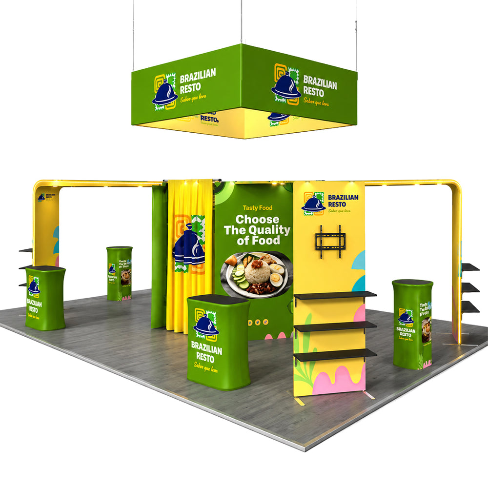9x6m Island Booth Kit with Hexagon Lounge Shelving & 4 Counters