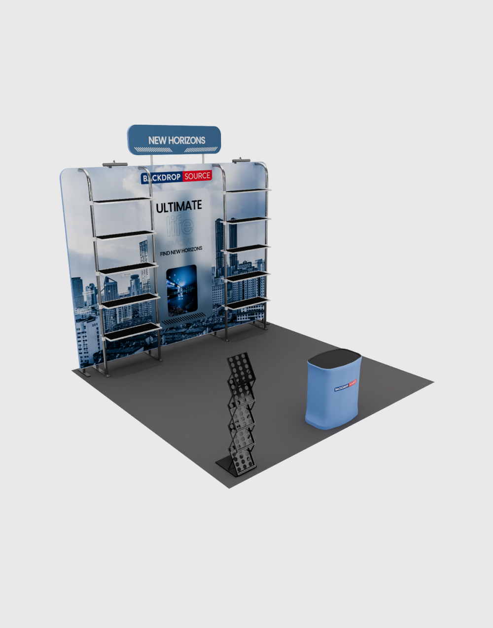 3x3m Booth Kit with Pegboard Shelving, Header & Counter