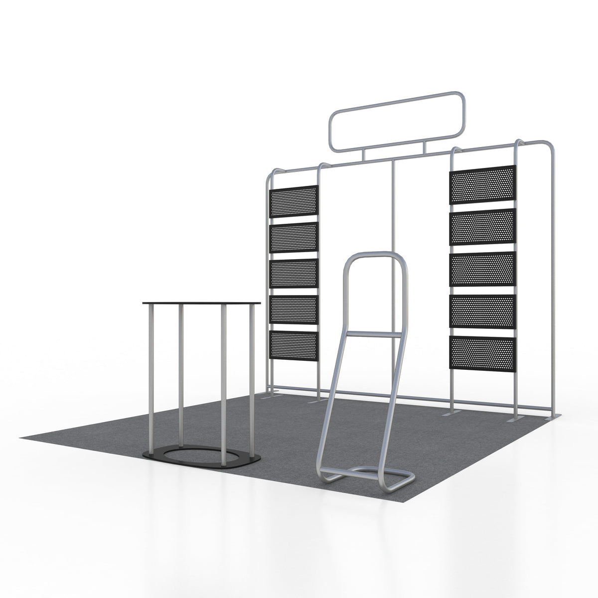 3x3m Booth Kit with Pegboard Shelving, Header & Counter