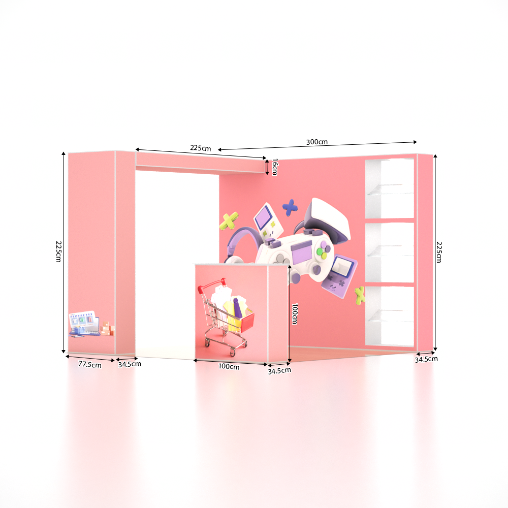 3x3m SEG Popup Booth with L-Arch Wall, 3 Showcases & Counter
