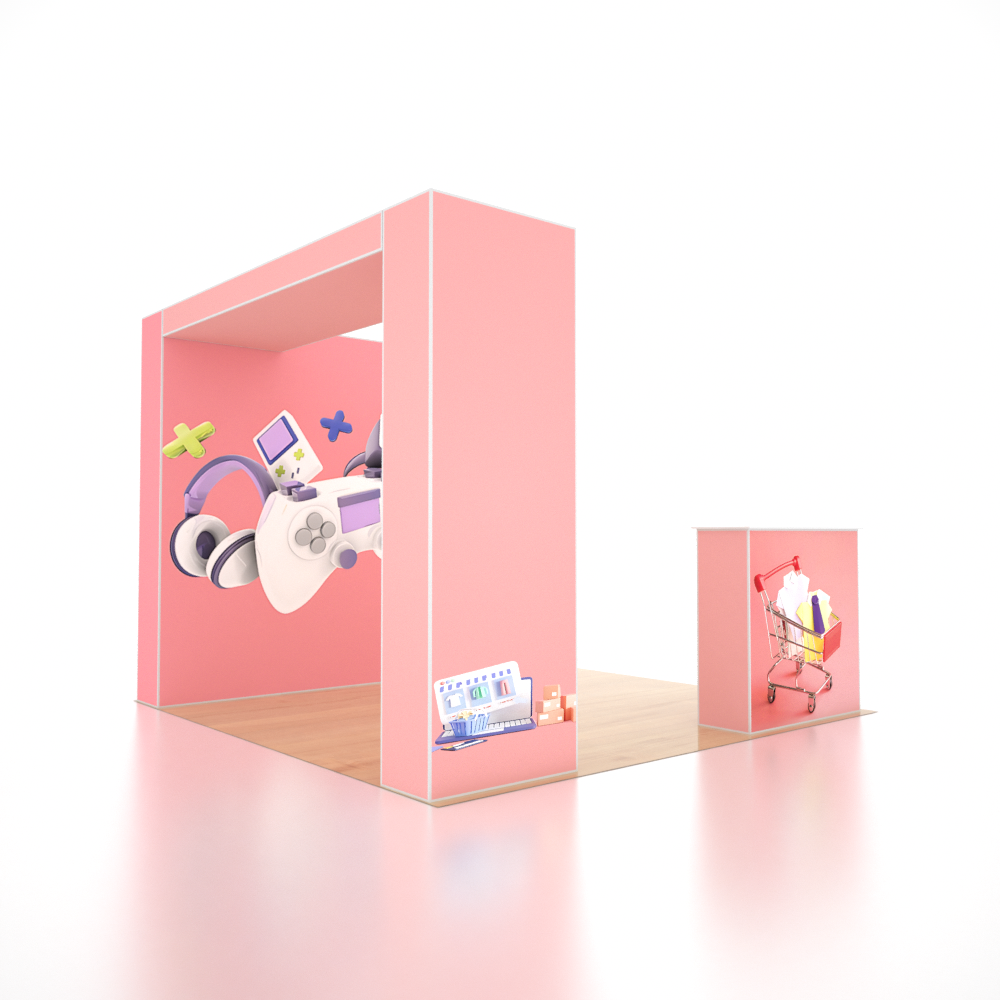 3x3m SEG Popup Booth with L-Arch Wall, 3 Showcases & Counter