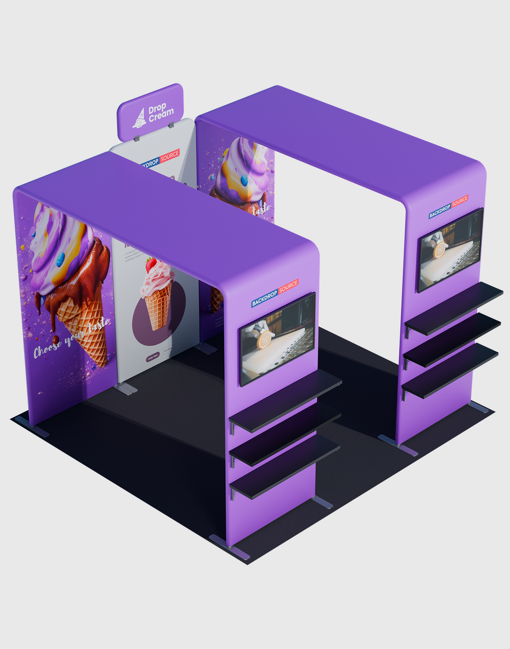 3x3m Booth Kit with Twin Square Arches, Shelving & TV Mount
