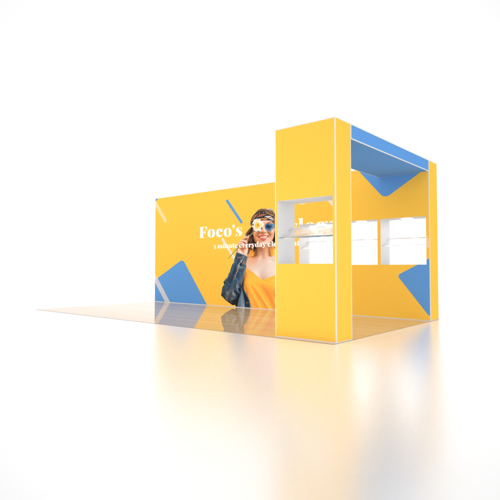 6x3m SEG Popup Booth with L-Arch Wall & 4-Shelf Showcase