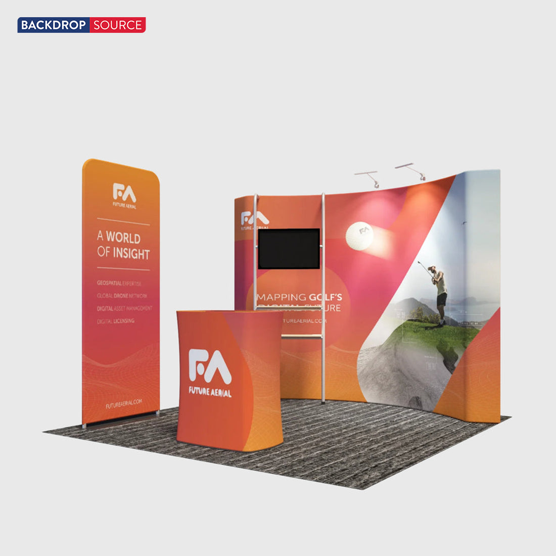 3x3m Booth Kit with Curved Wall, TV Shelf Tower & Banner