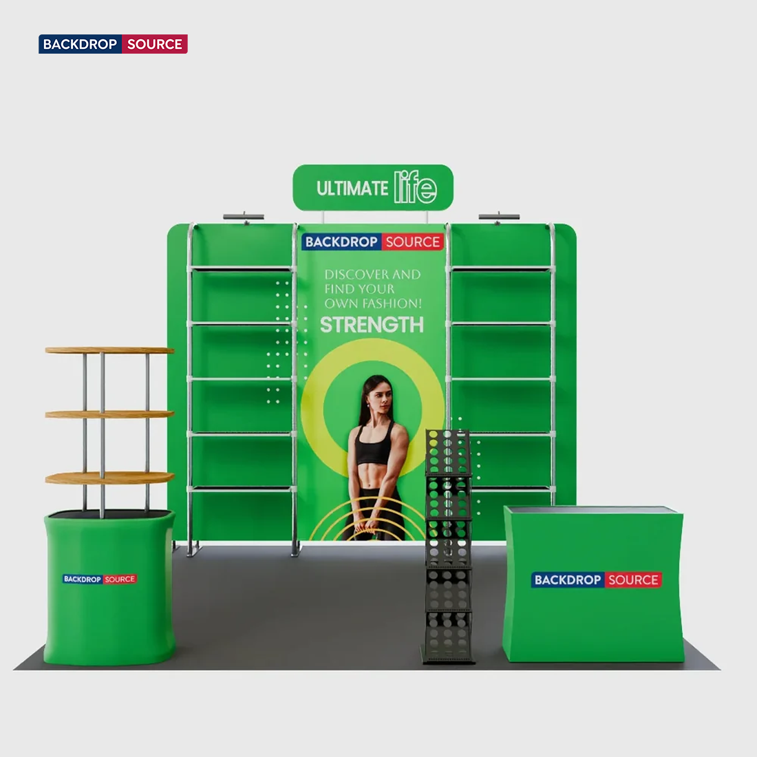 3x3m Booth Kit with Pegboard Shelving, Header & 2 Counters