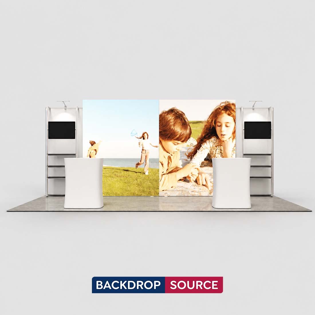 3x6m Backlit SEG Booth Kit with 4m Lightbox & TV Shelf Stands