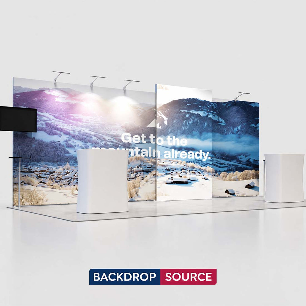 3x6m Backlit SEG Booth Kit with TV Mount, Tables & LED Counters