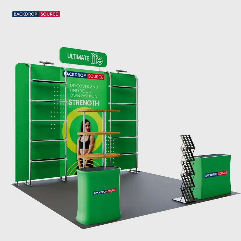 3x3m Booth Kit with Pegboard Shelving, Header & 2 Counters