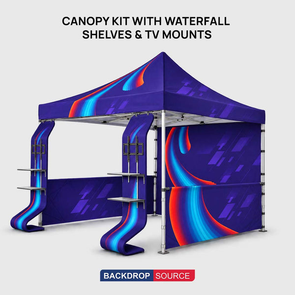 3m x 3m Fabric Canopy Kit with Waterfall Shelves & TV Mounts