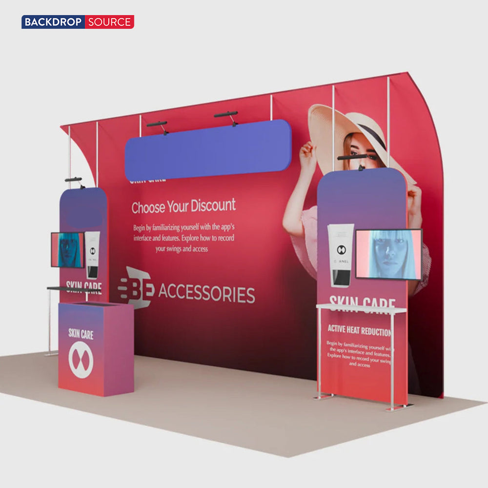 6x3m Booth Kit with Curved Towers, Shelving & Hanging Sign
