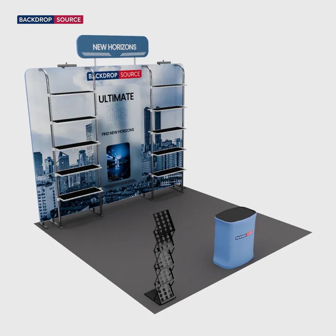 3x3m Booth Kit with Pegboard Shelving, Header & Counter