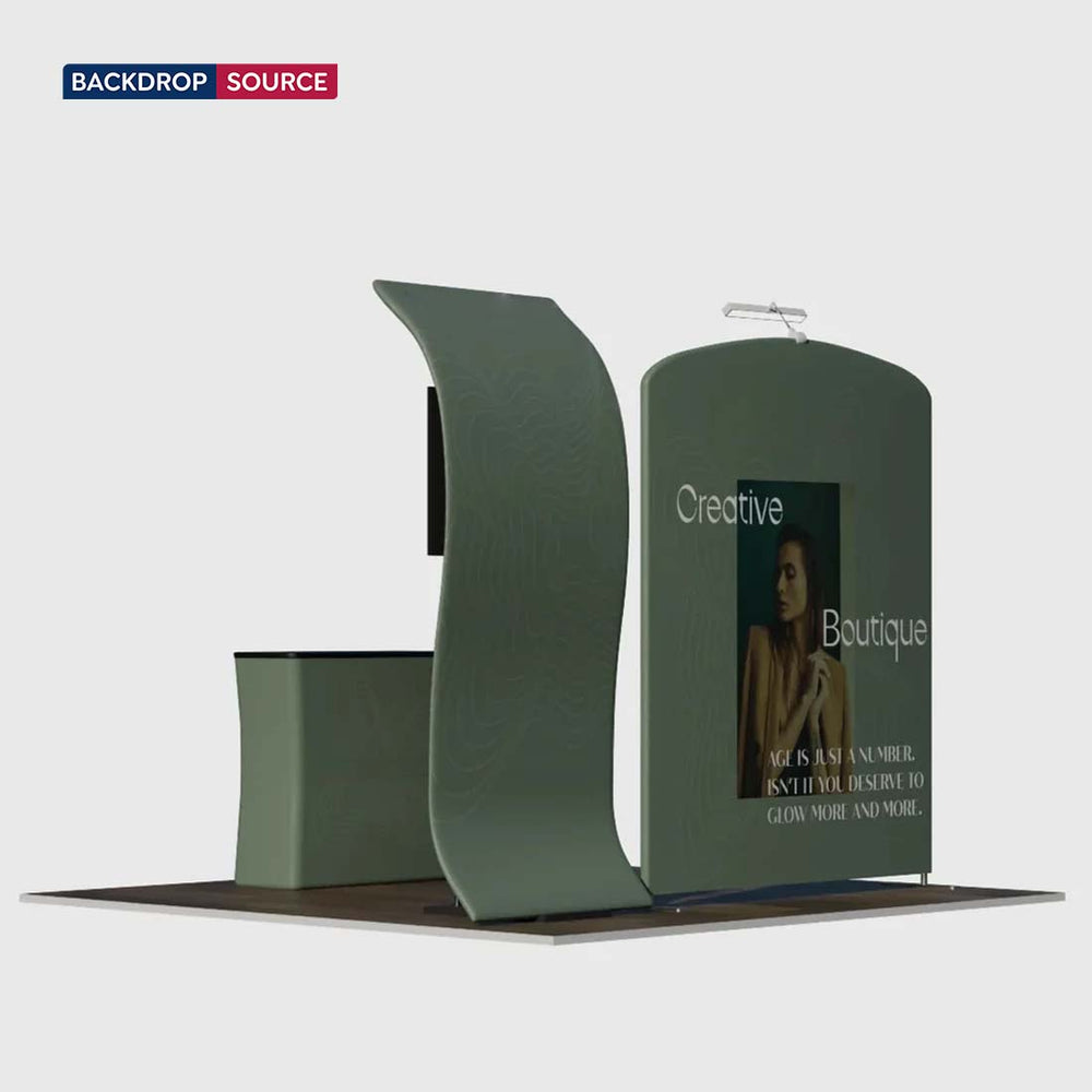 3x3m Booth Kit with S-Curve Wall & Sloped Arch, Counter & TV