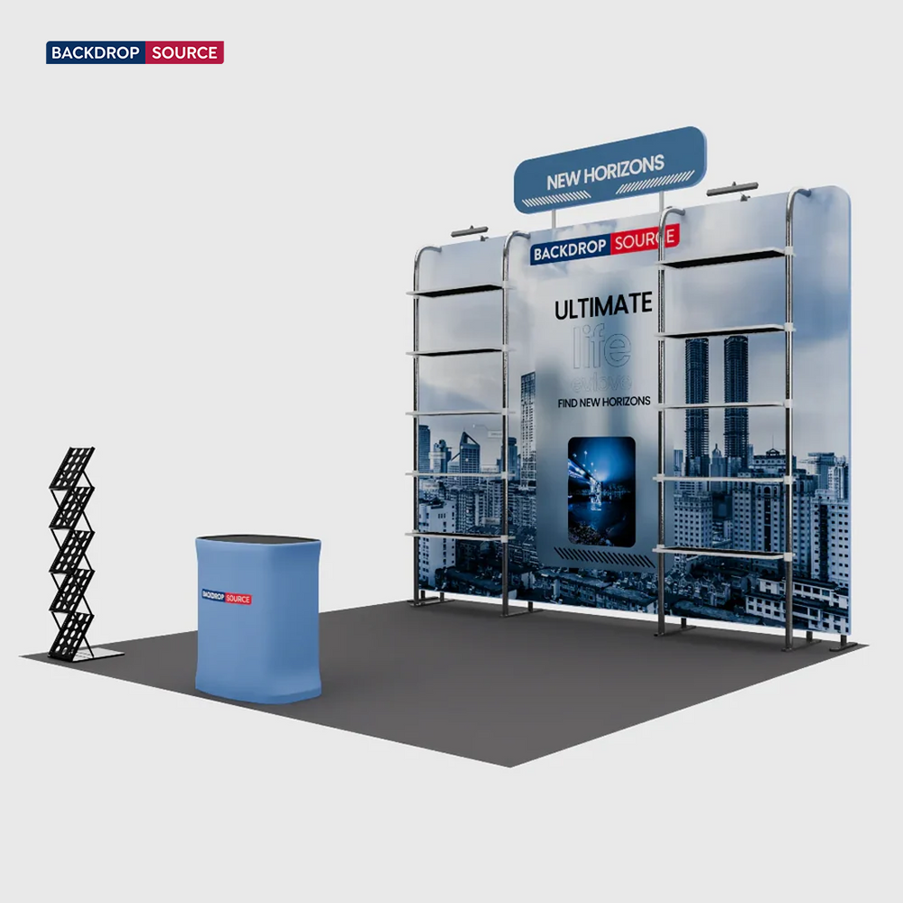 3x3m Booth Kit with Pegboard Shelving, Header & Counter
