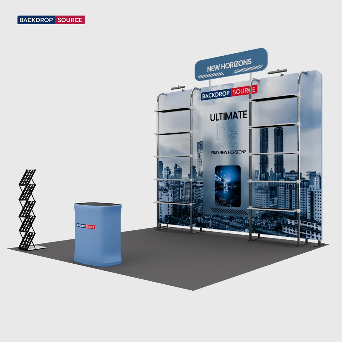 3x3m Booth Kit with Pegboard Shelving, Header & Counter