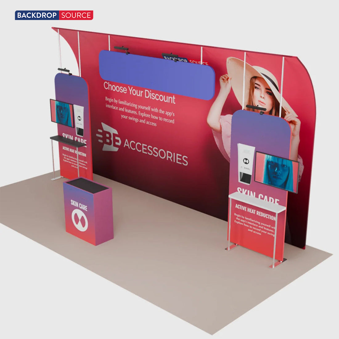 6x3m Booth Kit with Curved Towers, Shelving & Hanging Sign