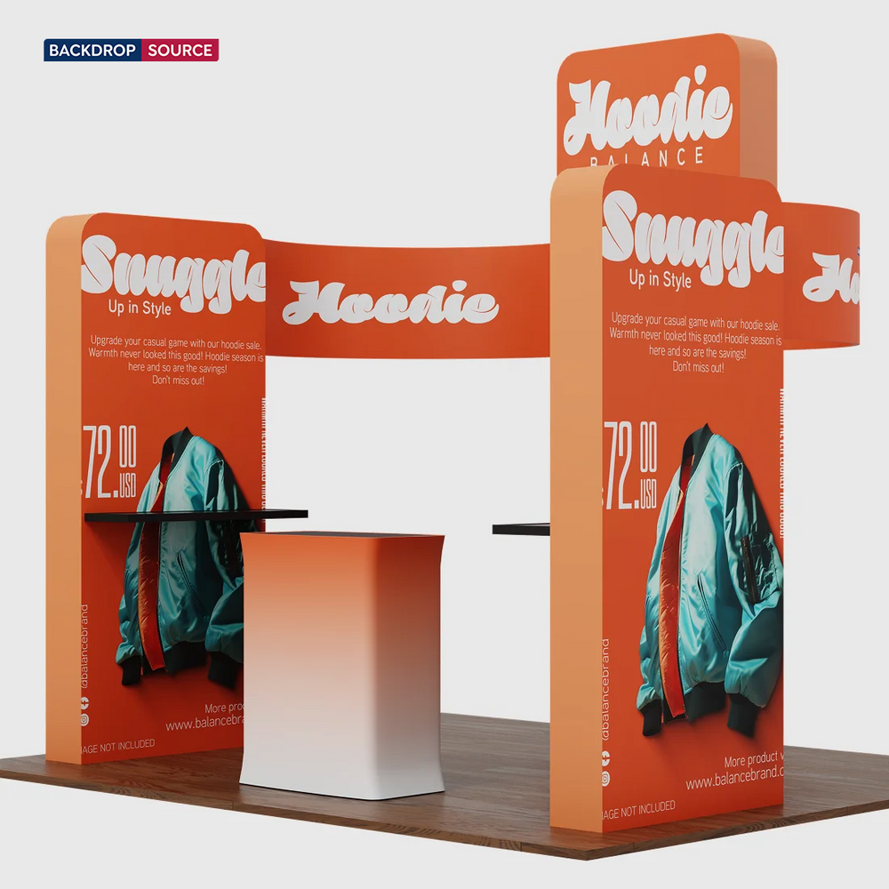 6x6m Booth Kit with 3D Wall Boxes, Curved Panels & Counter