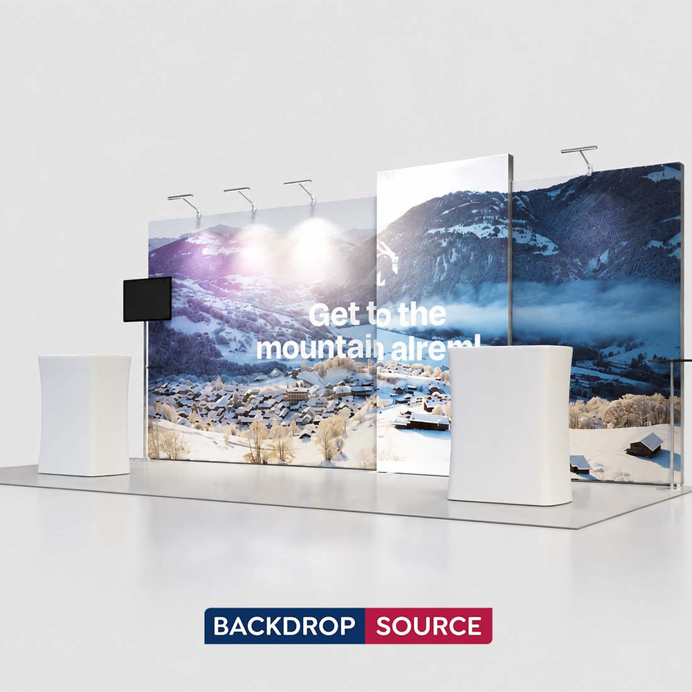 3x6m Backlit SEG Booth Kit with TV Mount, Tables & LED Counters
