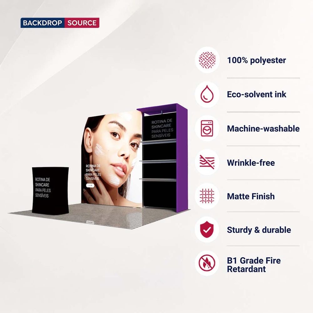 3x3m Fabric Wall Booth Kit with Shelving & LED Counter