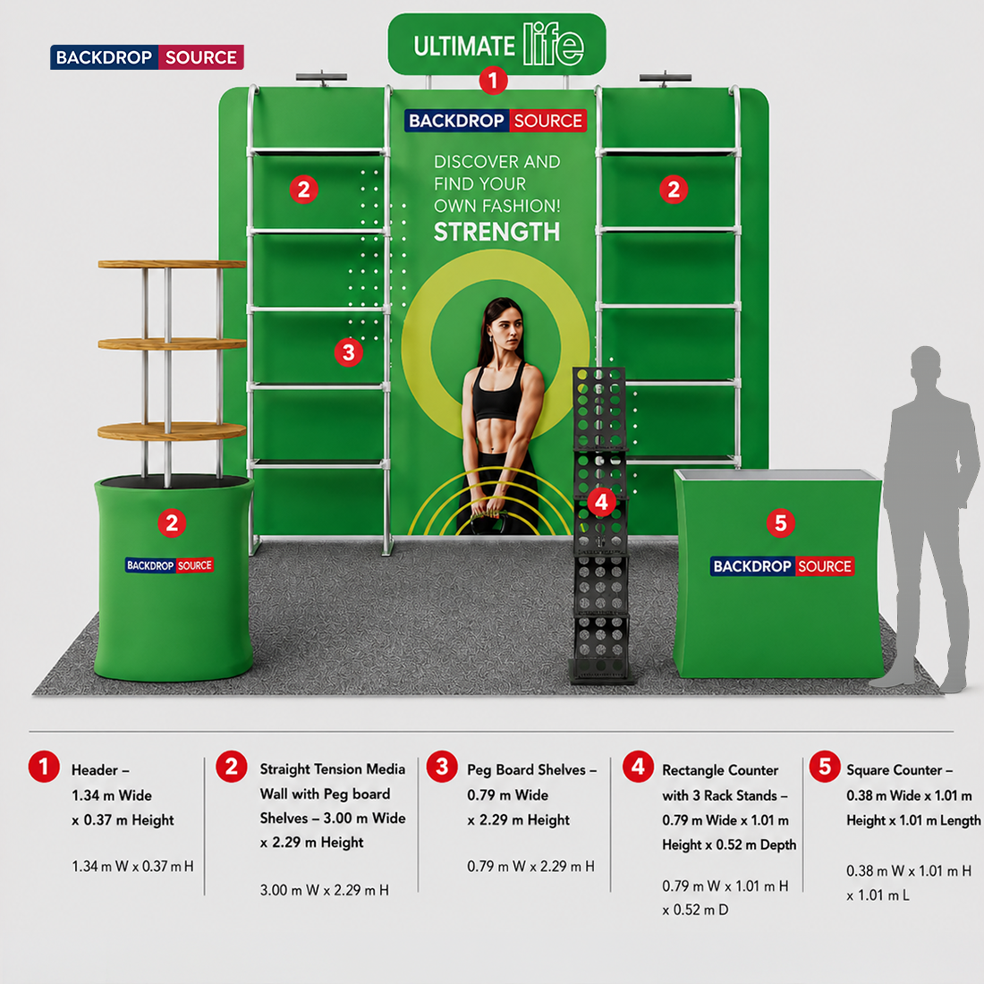 3x3m Booth Kit with Pegboard Shelving, Header & 2 Counters