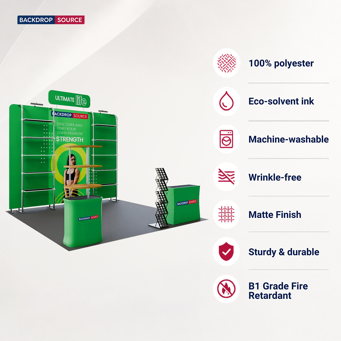 3x3m Booth Kit with Pegboard Shelving, Header & 2 Counters