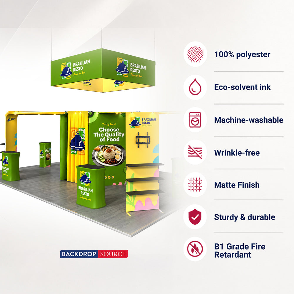 9x6m Island Booth Kit with Hexagon Lounge Shelving & 4 Counters