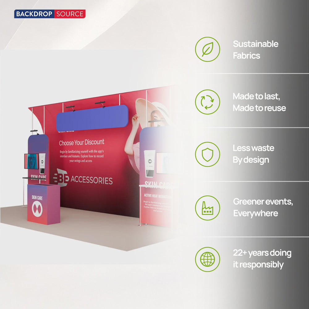 6x3m Booth Kit with Curved Towers, Shelving & Hanging Sign