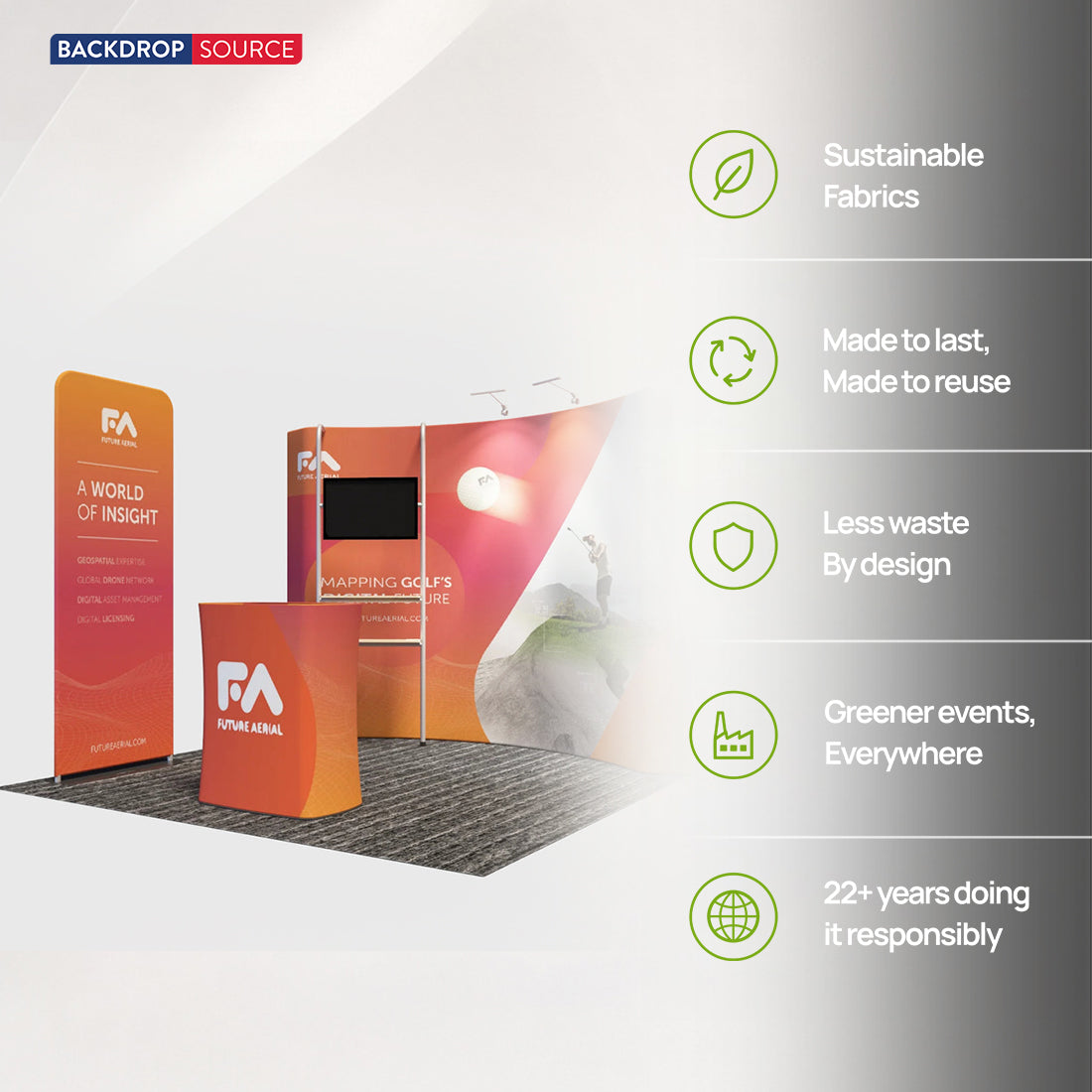 3x3m Booth Kit with Curved Wall, TV Shelf Tower & Banner
