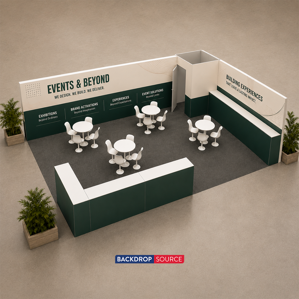 9x6m SEG Backwall Booth Kit with Lockable Storage Room & Counter