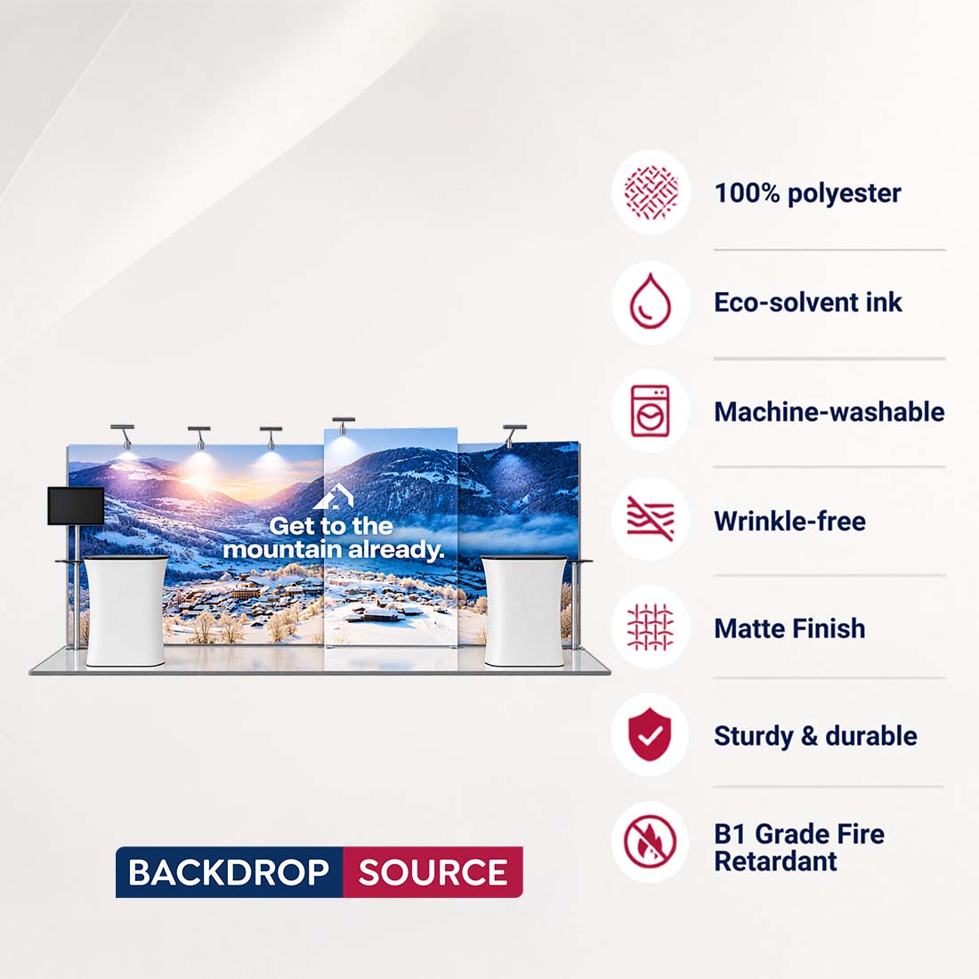 3x6m Backlit SEG Booth Kit with TV Mount, Tables & LED Counters