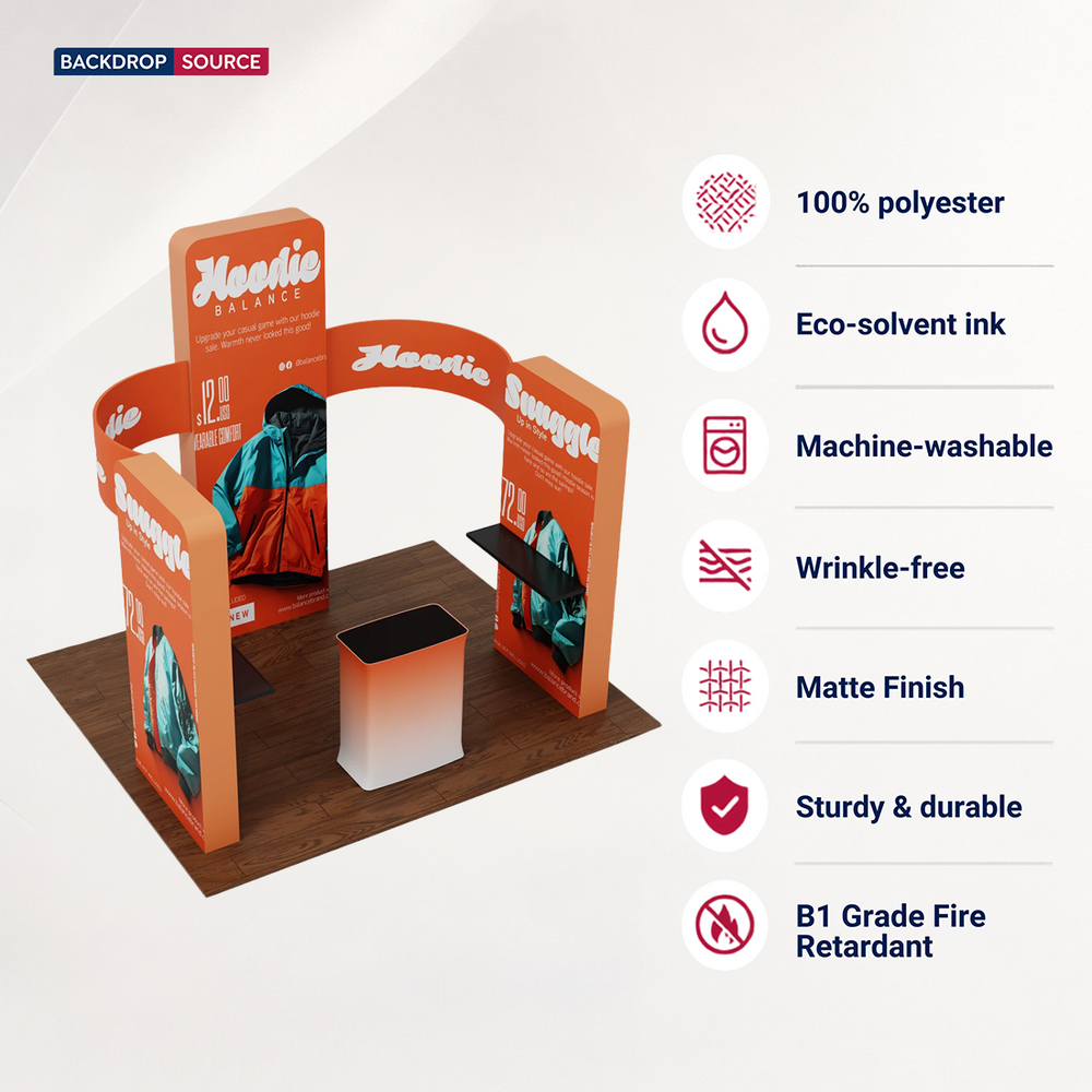6x6m Booth Kit with 3D Wall Boxes, Curved Panels & Counter