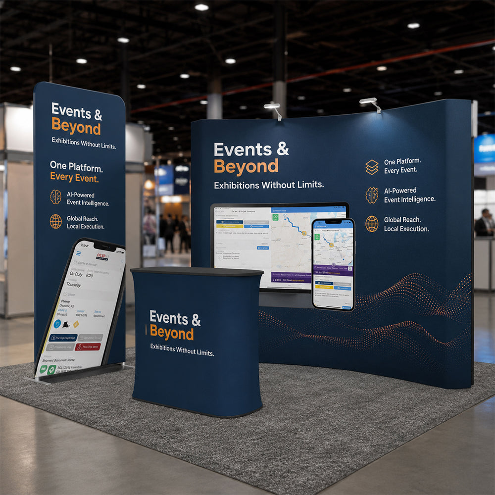 3x3m Curved Wall Booth Kit with Banner Stand & Counter