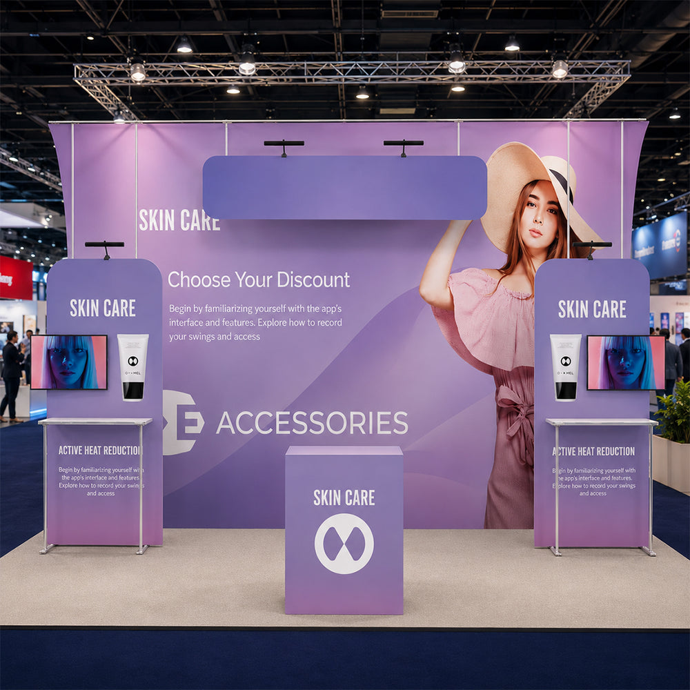 6x3m Booth Kit with Curved Towers, Shelving & Hanging Sign