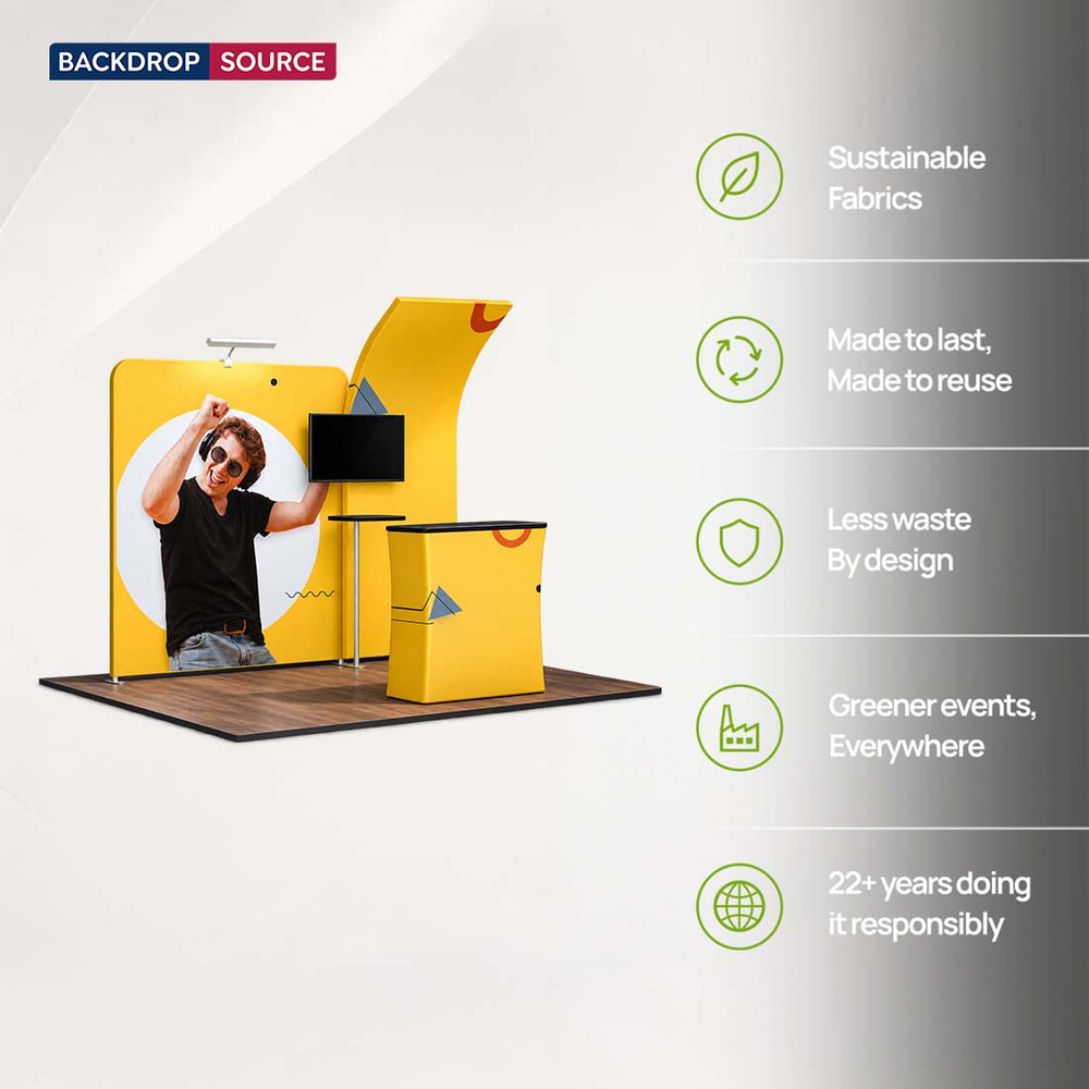 3x3m Booth Kit with Curved & Straight Walls, Counter & TV Mount