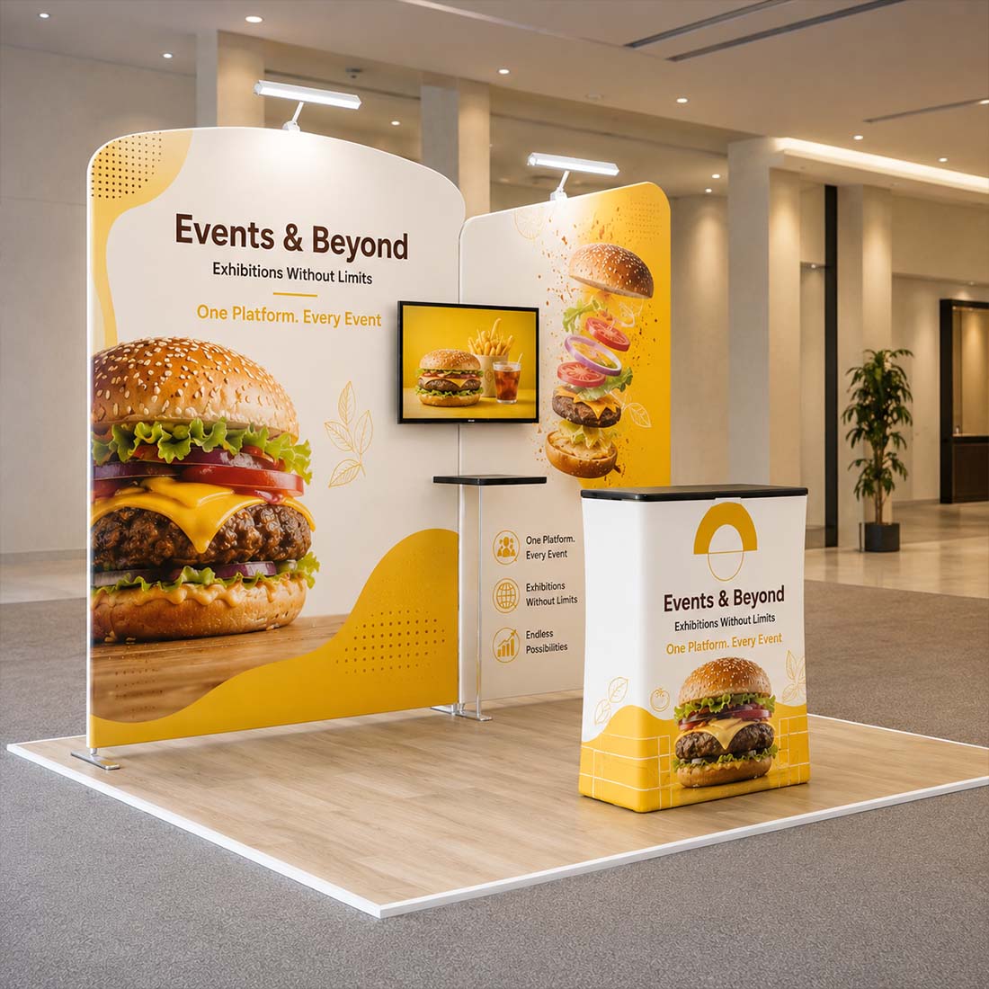 3x3m Booth Kit with Inclined Wall & Sloped Arch + Counter