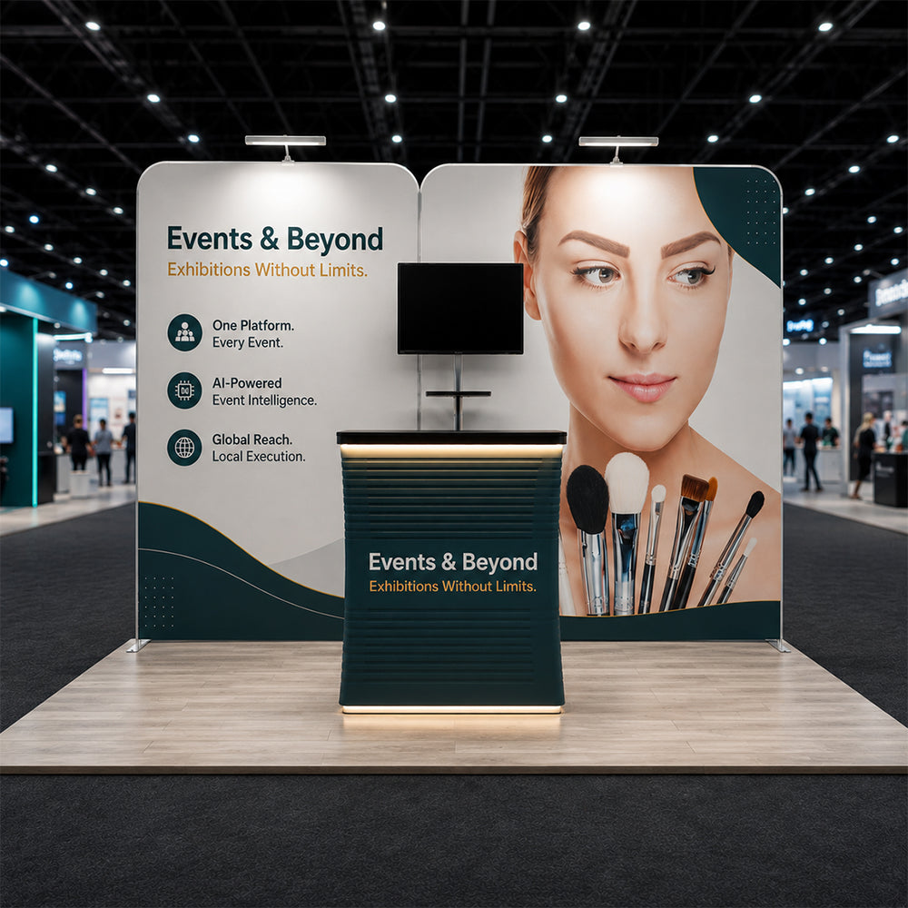 3x3m Straight Wall Booth Kit with Counter & TV Mount