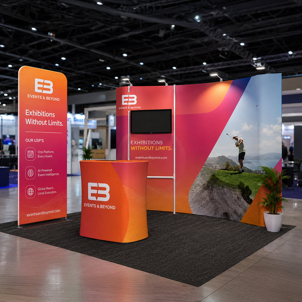 3x3m Booth Kit with Curved Wall, TV Shelf Tower & Banner