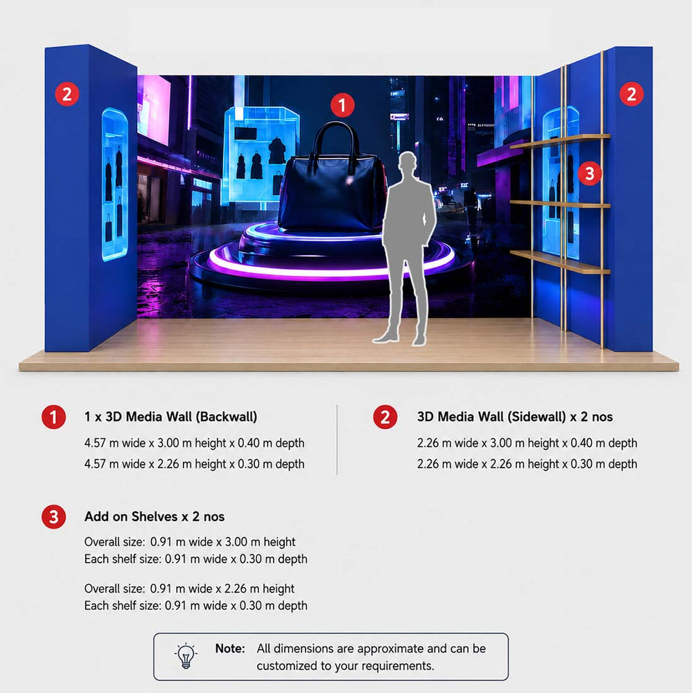 3x6m 3D Media Wall Booth Kit with 12 Display Shelves