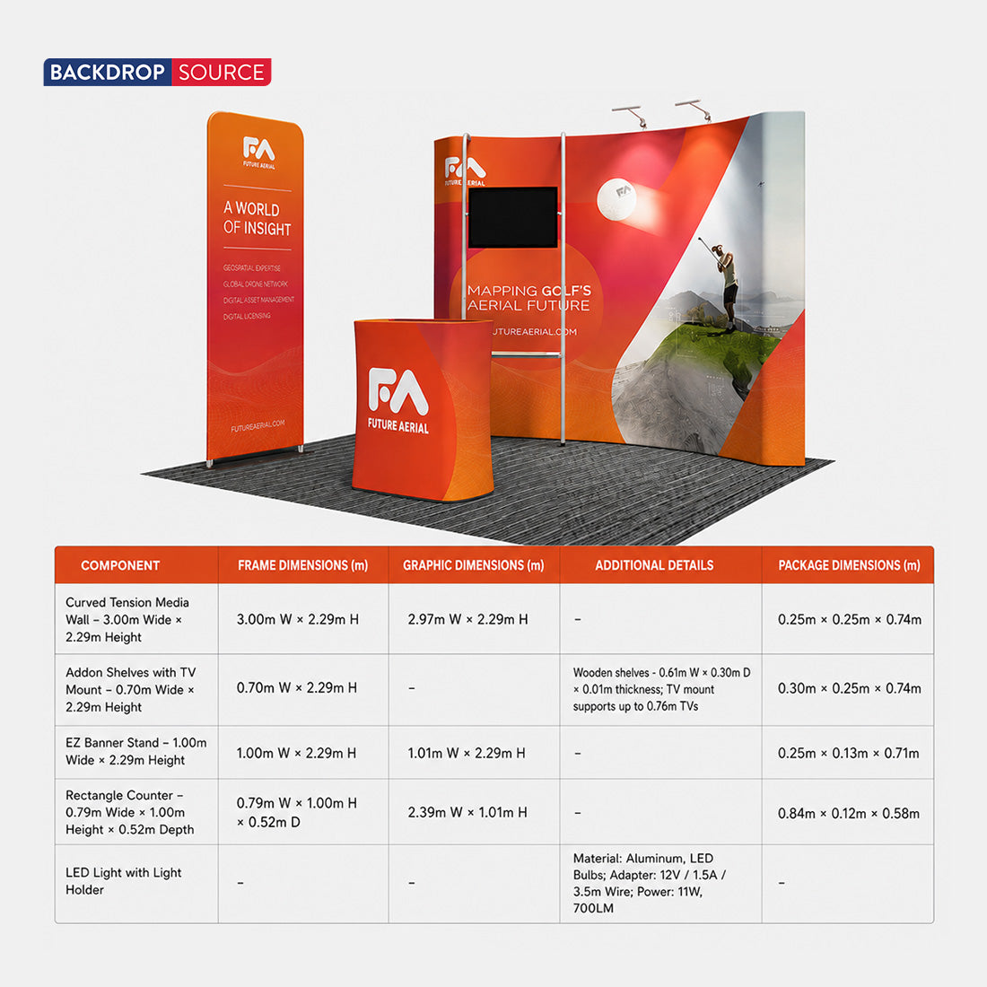 3x3m Booth Kit with Curved Wall, TV Shelf Tower & Banner