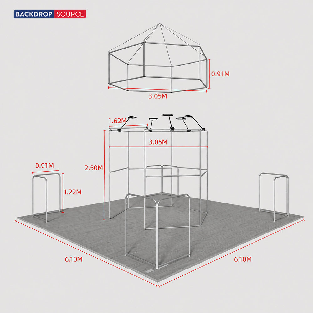 6x6m Island Booth with Hexagon Lounge Enclosure & Hanging Sign