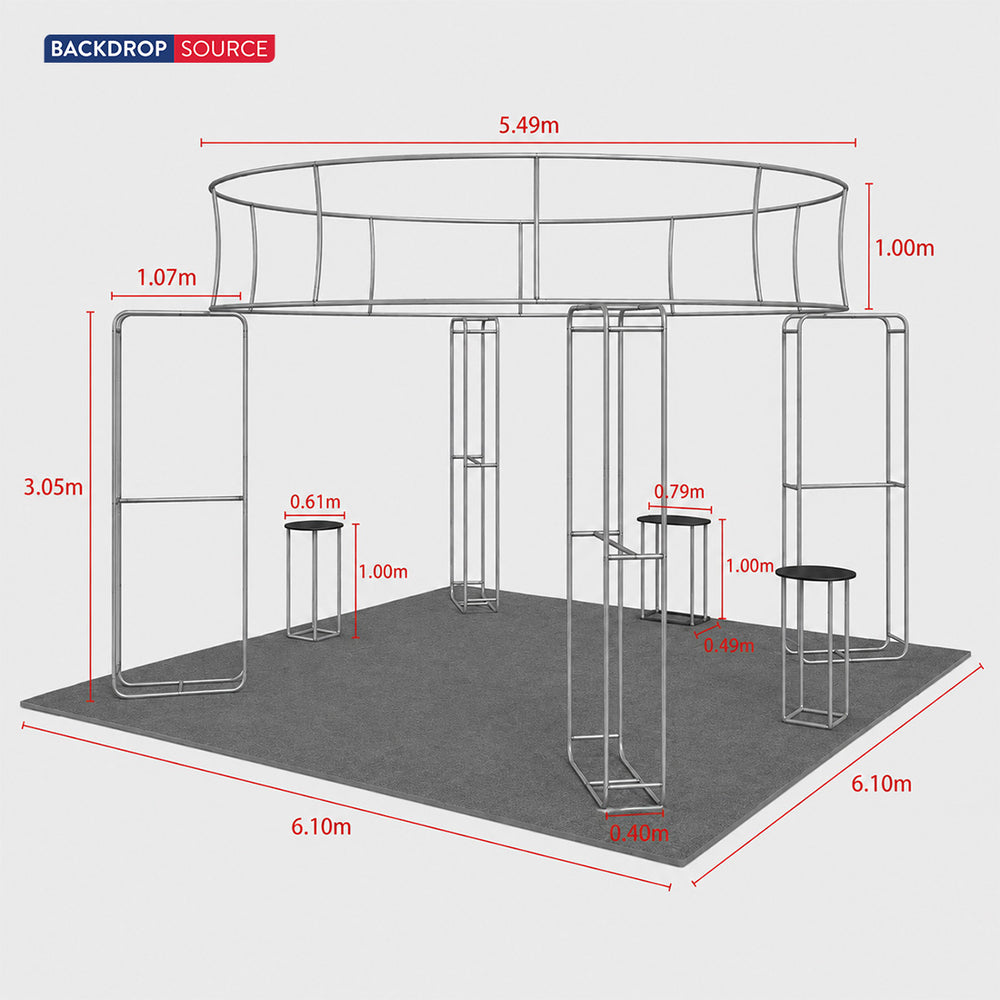 6x6m Island Booth with 3D Media Walls & 3 Counters