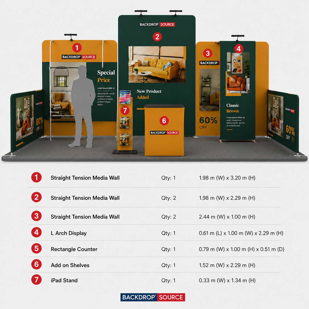 6x3m Booth Kit with Tension Walls, Shelving, Counter & iPad Stand