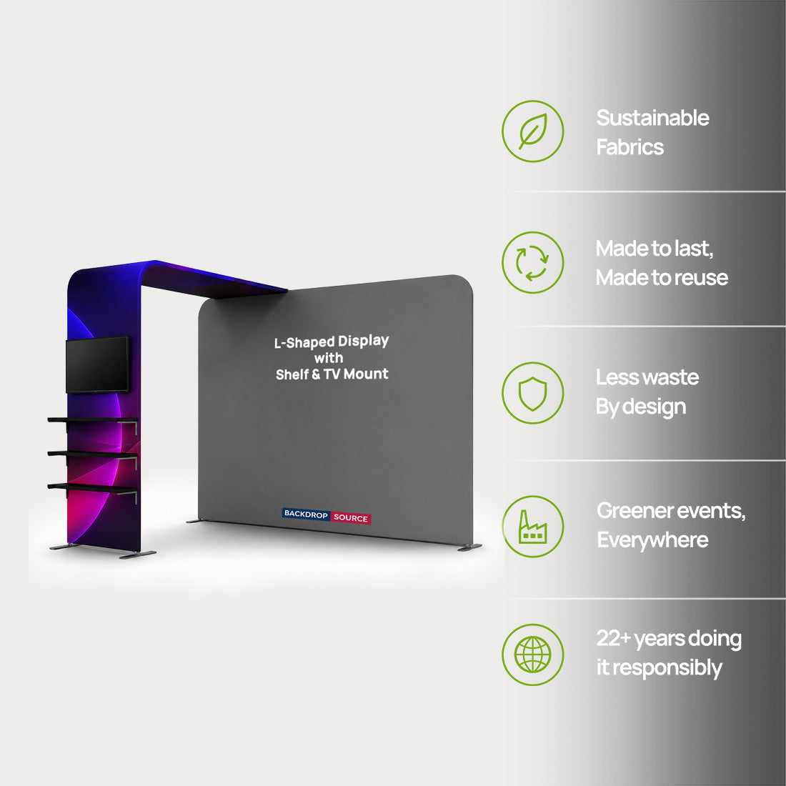 Portable L-Shaped Fabric Display with Shelf & TV Mount