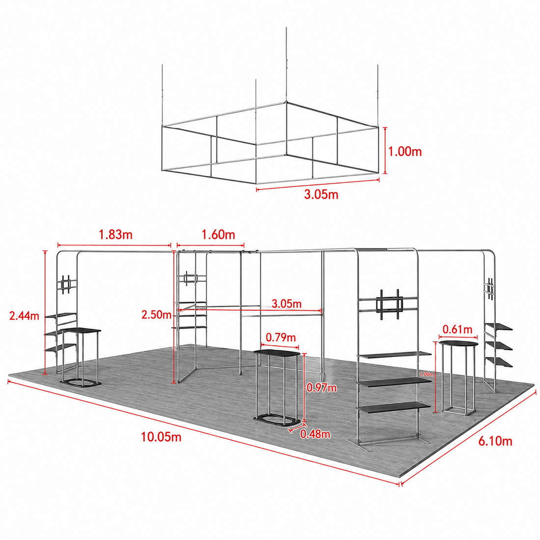 9x6m Island Booth Kit with Hexagon Lounge Shelving & 4 Counters